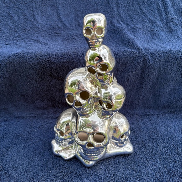 Unbranded Other - Goth Gothic Human Skull 11” Candle Holder Collage Tower Silver Halloween Votive